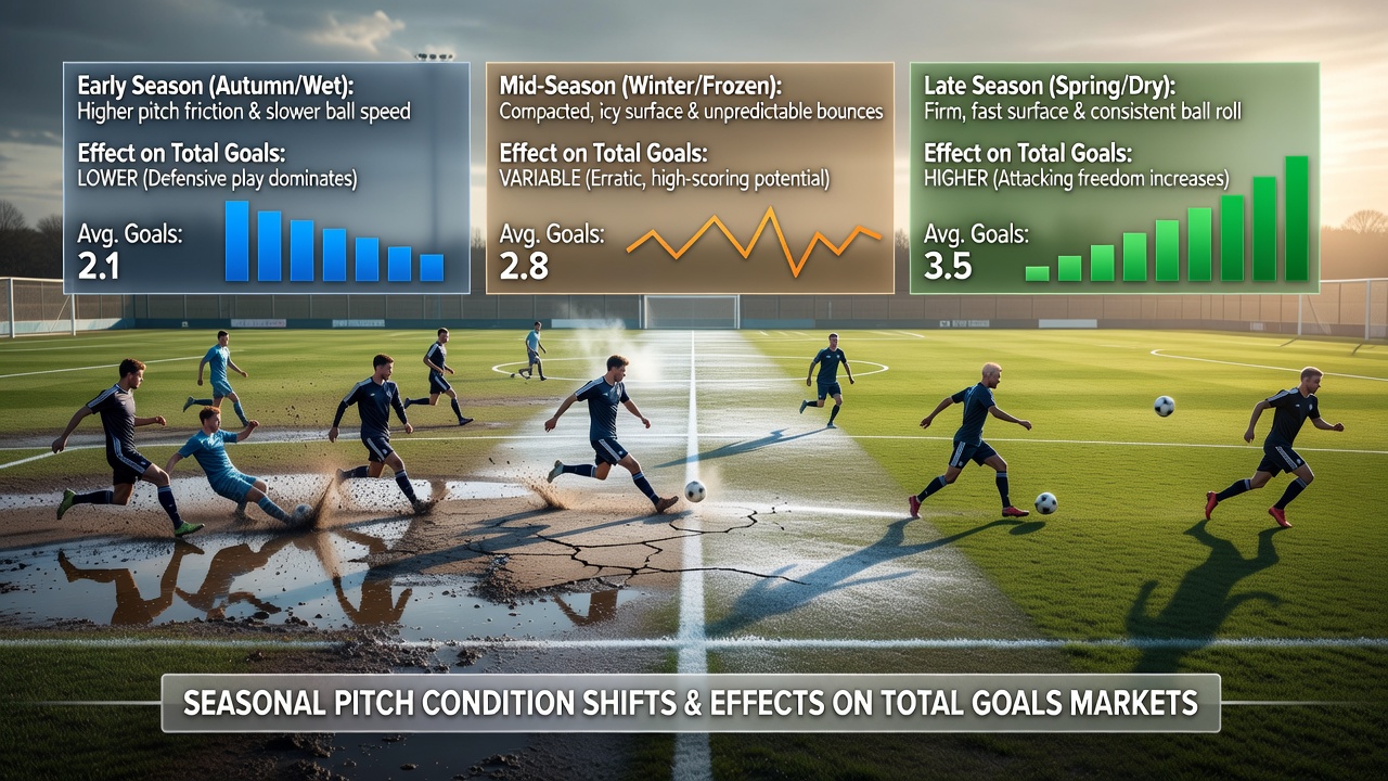 Data charts displaying total goals trends across different pitch conditions adn seasons