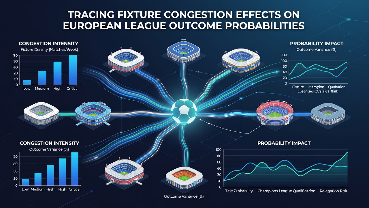 Data visualization charts displaying fixture congestion impact on European league match probabilities